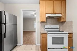 a kitchen with a sink refrigerator and cabinets
