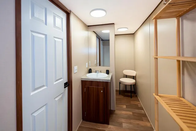 a bathroom with a sink and a mirror