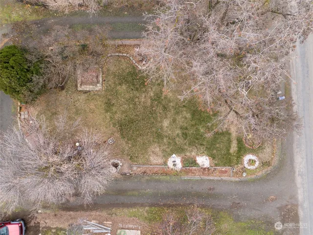 a view of a backyard with a garden and trees