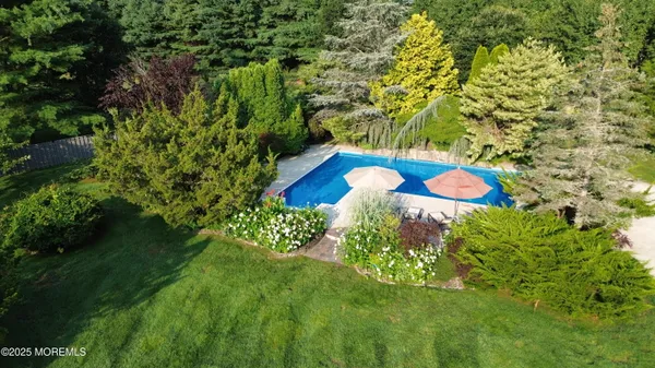 a view of backyard with plants and outdoor seating