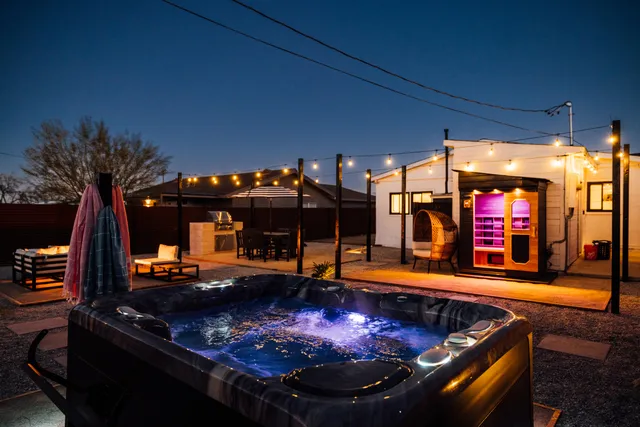 a view of a chairs and tables in patio