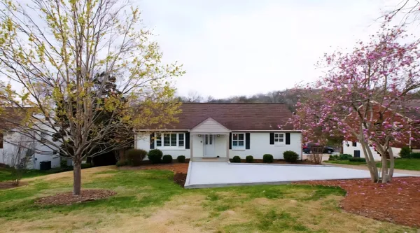 a front view of a house with a yard and tree