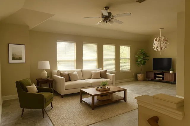 a living room with furniture a fireplace a flat screen tv and a large window