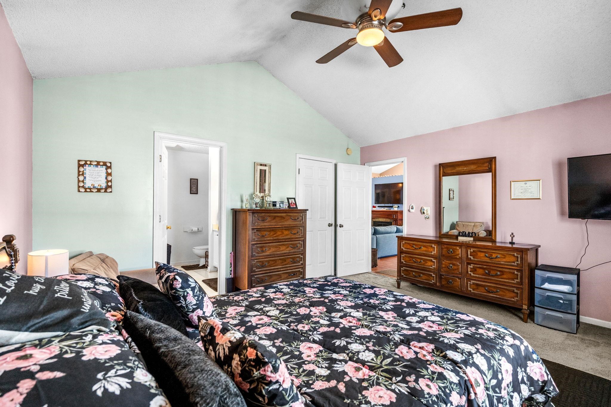 120 Point Break Drive Myrtle Beach, SC 29588 - Photo 26 of 38 Bedroom featuring ensuite bath, carpet floors, high vaulted ceiling, ceiling fan, and a closet