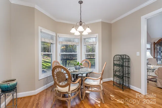 a view of a dining room with furniture wooden floor and window