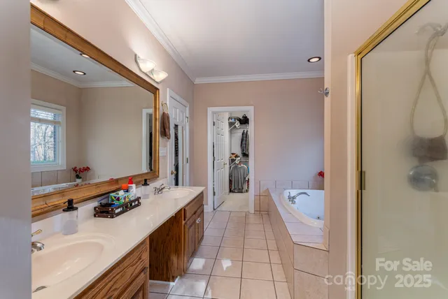 a bathroom with a double vanity sink a mirror and a bathtub