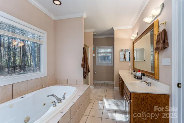 a bathroom with a tub a sink and a mirror