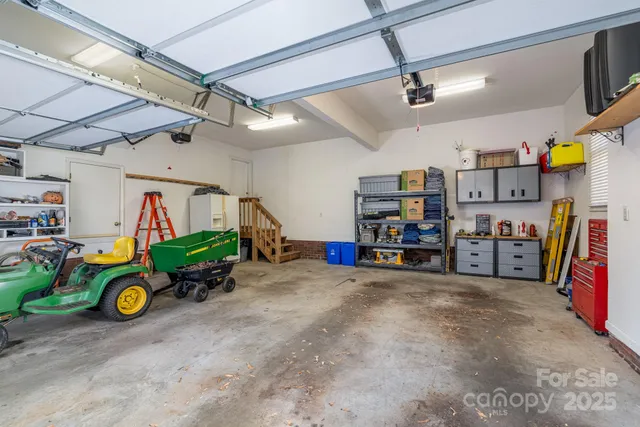 a view of a garage with storage