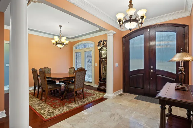 a view of a dining room with furniture