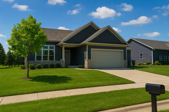a front view of a house with a yard and garage