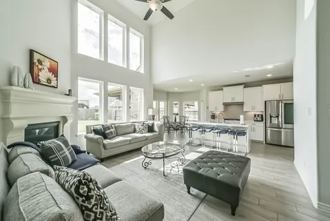 a living room with furniture and a fireplace