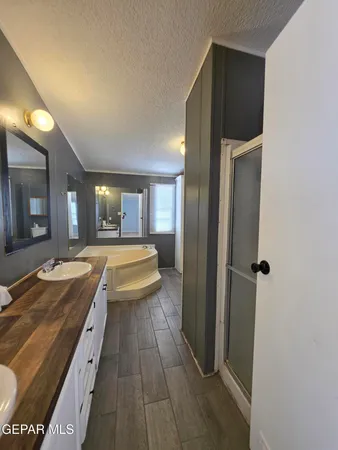 a bathroom with a tub sink and mirror