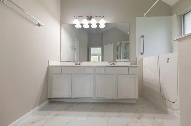 a bathroom with a sink a mirror and a shower