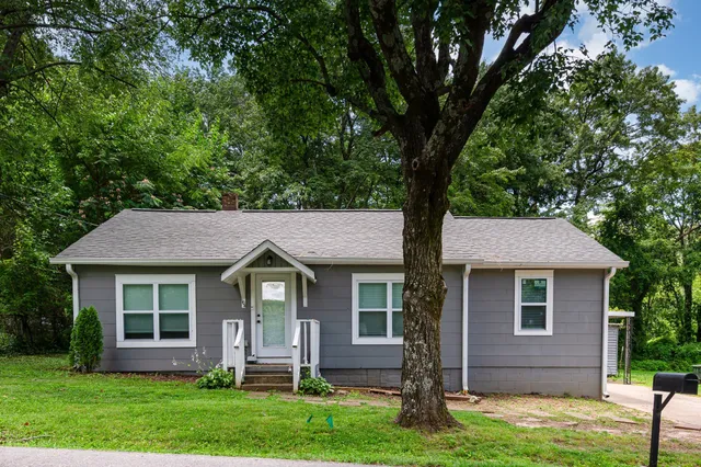 a front view of a house with yard and green space