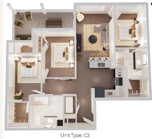 a bedroom with bed and wooden floor