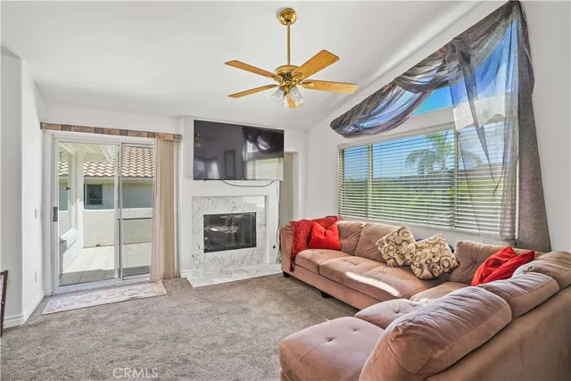 a living room with furniture a flat screen tv and a fireplace