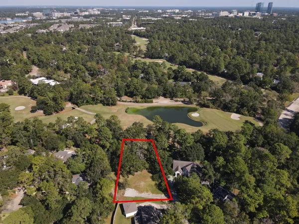 an aerial view of residential houses with outdoor space and trees