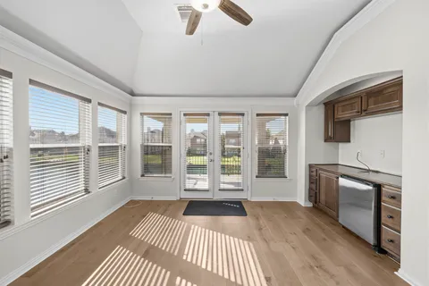 a view of a chandelier in a room