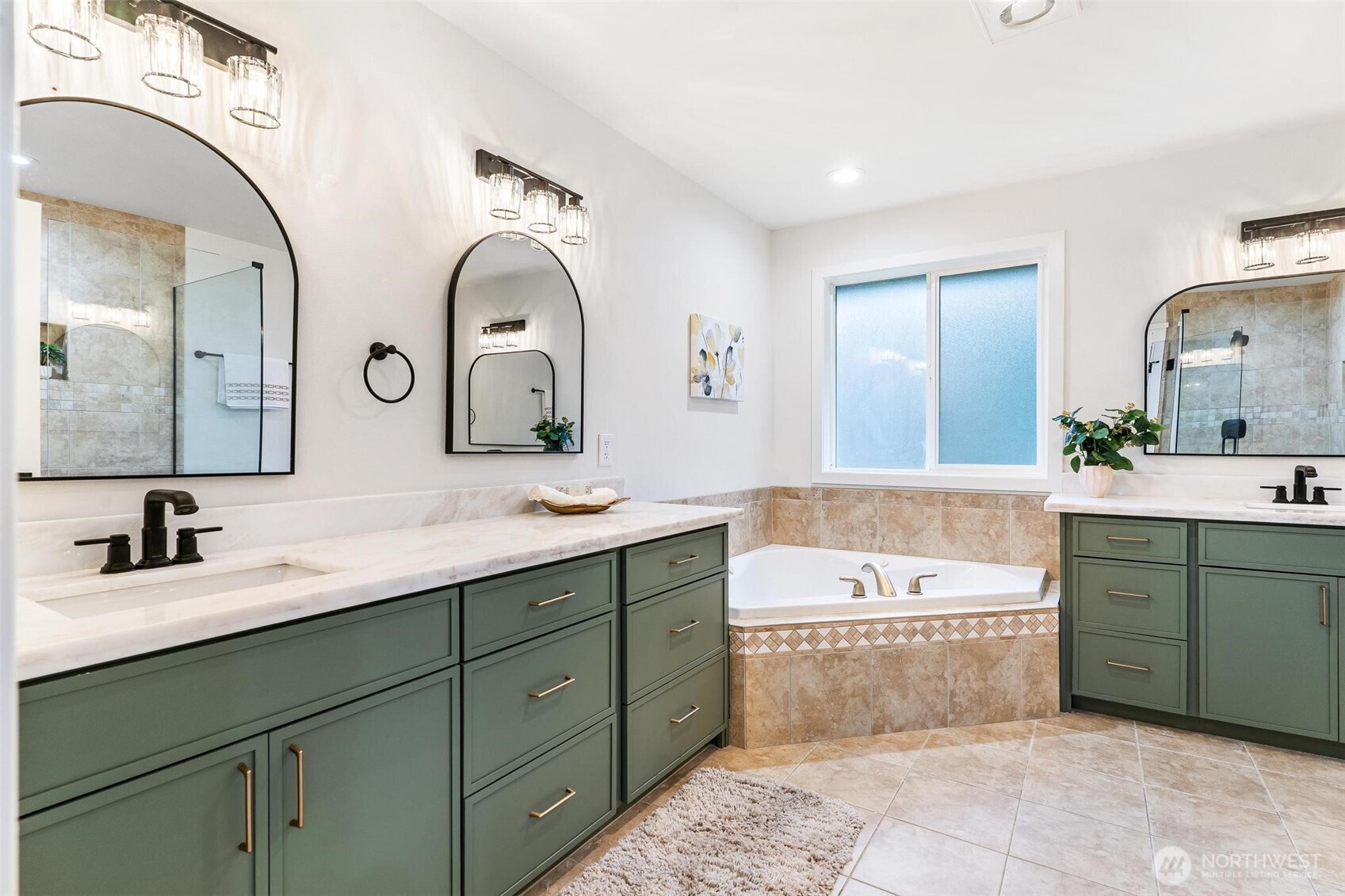 223 South Camano Ridge Road Camano Island, WA 98282 - Photo 7 of 40 a spacious bathroom with a double vanity sink mirror and bathtub