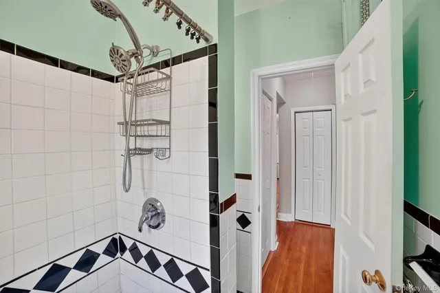 a bathroom with a shower and a sink