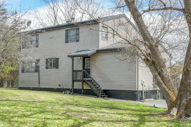 a view of a backyard with a large tree