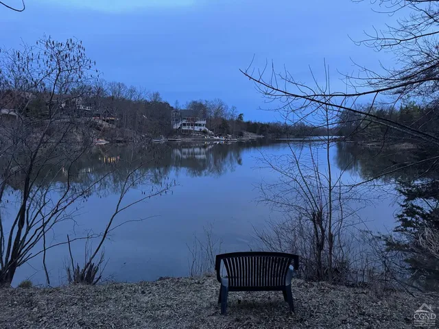 a view of a wooden bridge with a lake view