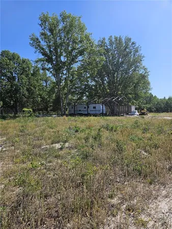 a view of a field with trees in the background