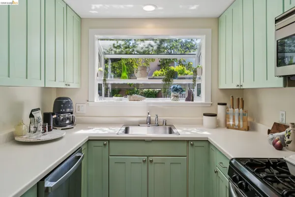 a kitchen with a stove a sink and a microwave