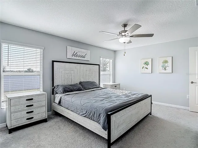 a bedroom with a bed and a ceiling fan