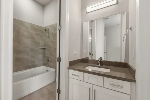 a bathroom with a bathtub shower sink vanity and mirror
