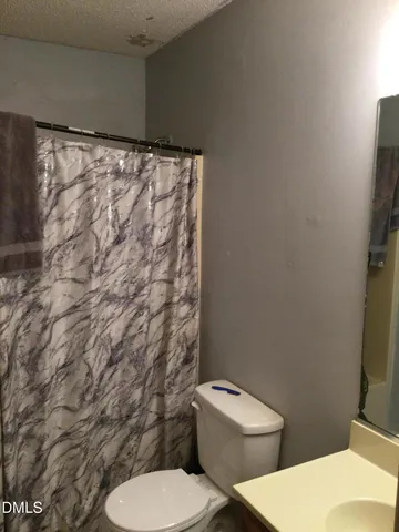 a white toilet sitting next to a shower curtain