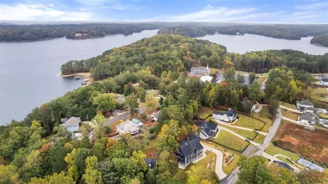 a view of a lake in middle of the town