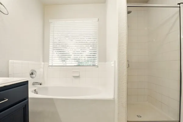 a bathroom with a bathtub and a shower