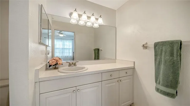 a bathroom with a sink a mirror and a shower