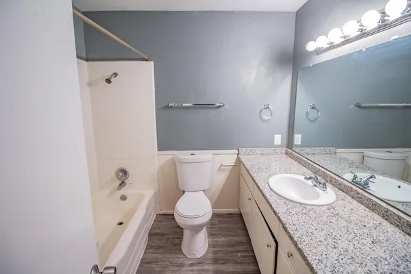 a bathroom with a granite countertop sink a toilet and a bathtub