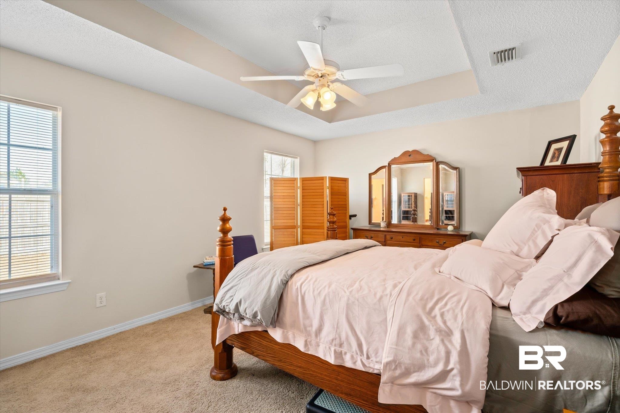 8374 Kipling Court Mobile, AL 36695 - Photo 9 of 20 Bedroom featuring a raised ceiling, light colored carpet, ceiling fan, and multiple windows
