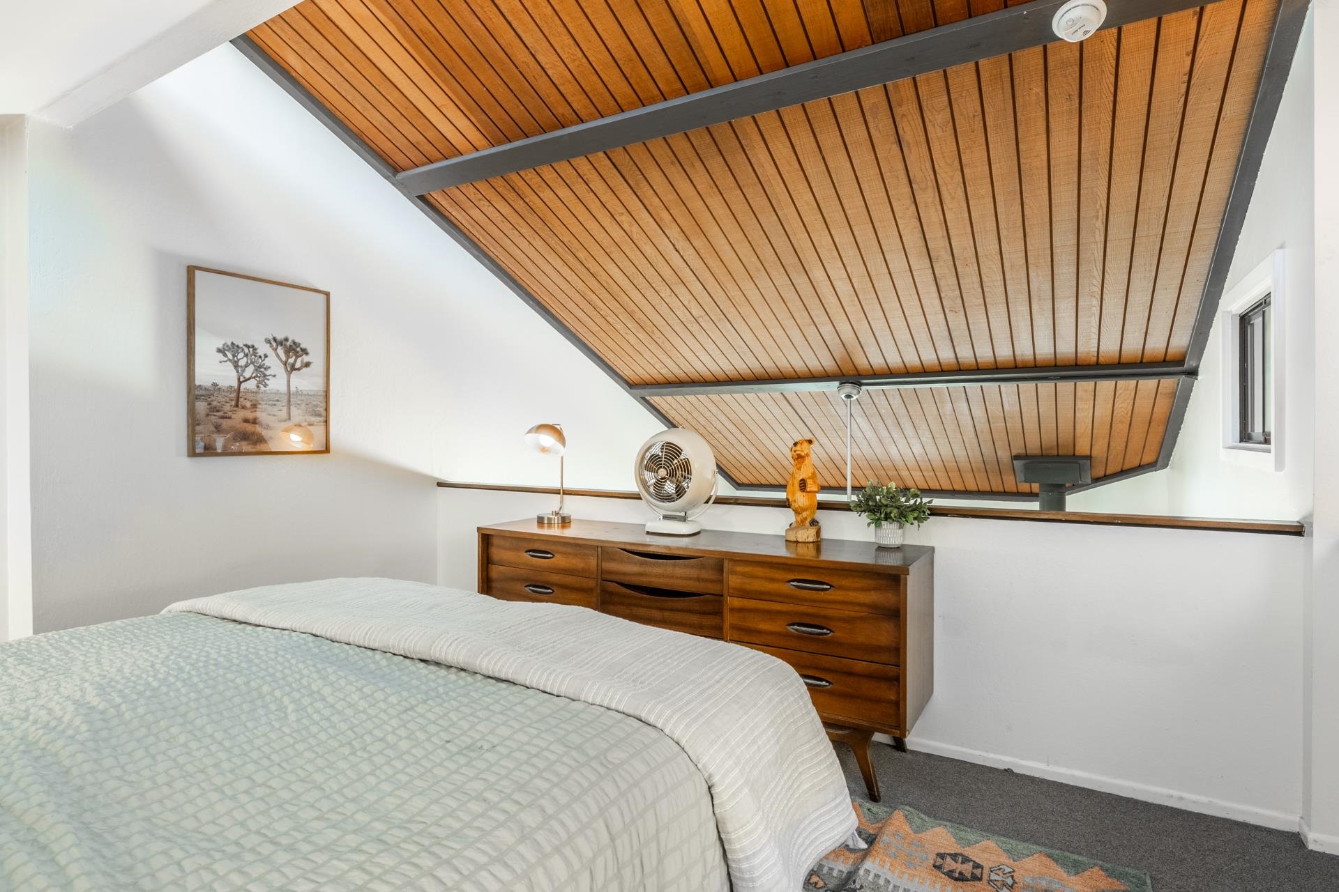 137 Laurel Mountain Road, Unit 227 Mammoth Lakes, CA 93546 - Photo 21 of 28 Carpeted bedroom featuring wooden ceiling and lofted ceiling with beams