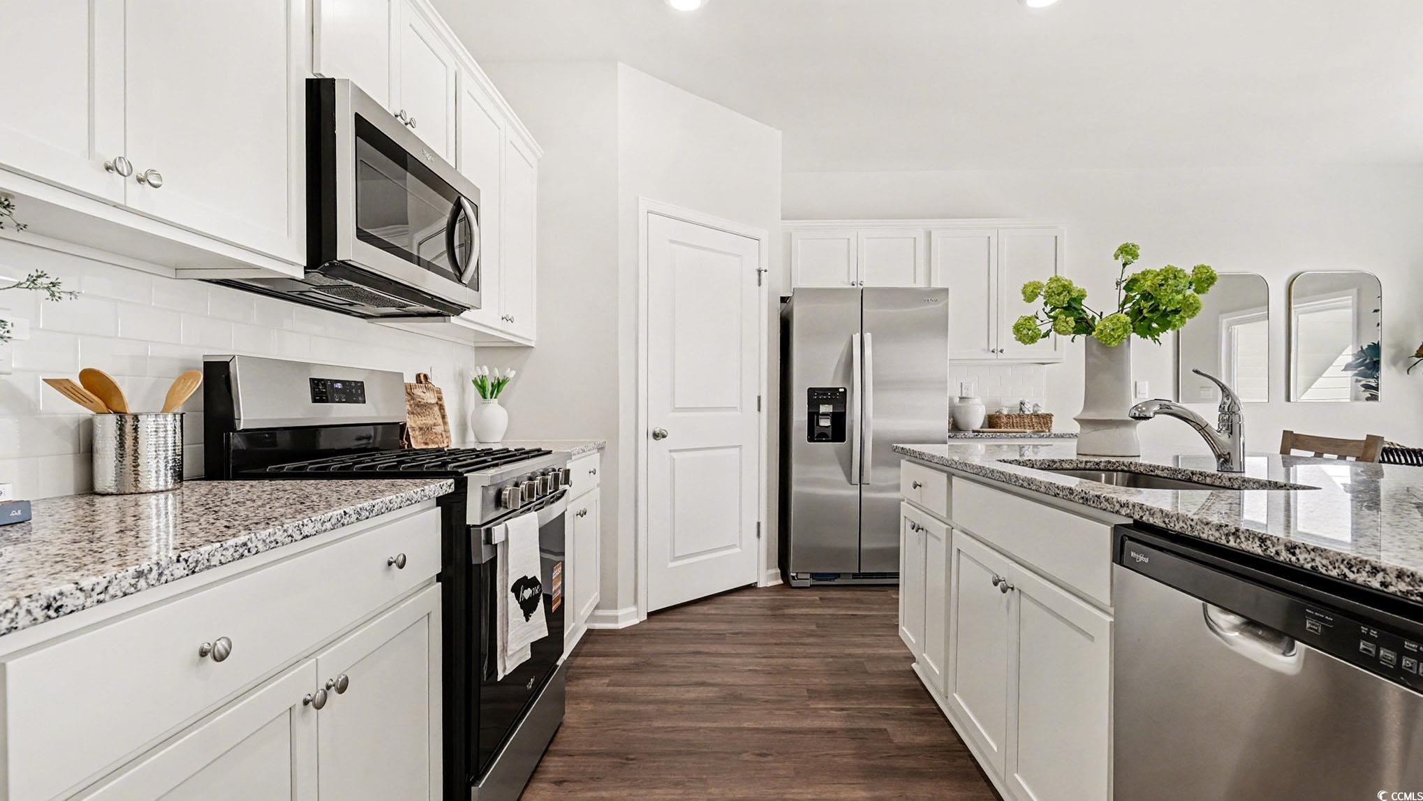 312 RookRoost Circle Conway, SC 29526 - Photo 15 of 29 Kitchen featuring stainless steel appliances, white cabinetry, light stone counters, dark wood-style floors, and recessed lighting