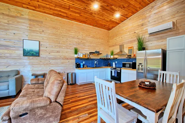 a view of a dining room with furniture