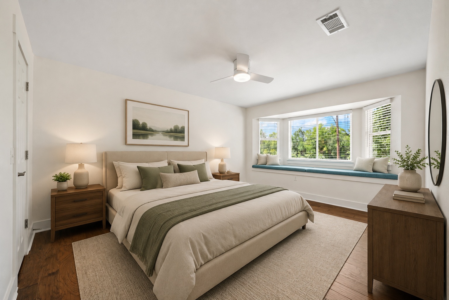 4912 Sara Drive, Unit A Austin, TX 78721 - Photo 17 of 28 * Virtually staged * Spacious primary bedroom with bay window overlooking the park and room for a king-size bed.