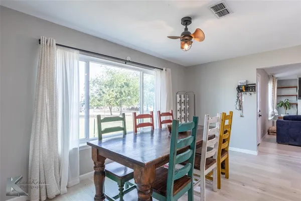 a view of a dining room with furniture window and outside view