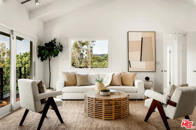 a living room with furniture a window and a potted plant