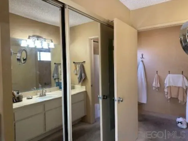 a bathroom with a double vanity sink mirror and shower