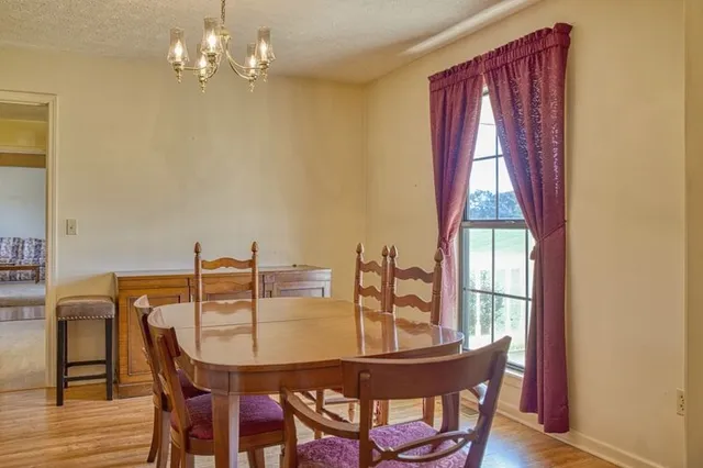 a view of a dining room with furniture and window