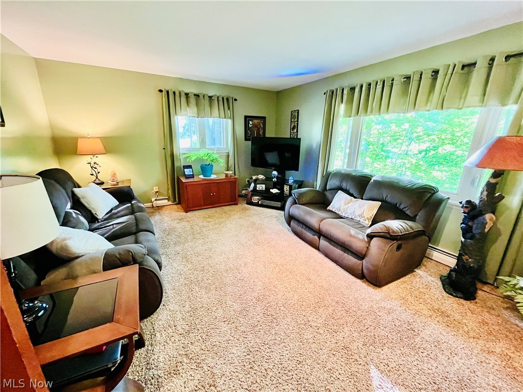 7220 Doty Road Madison, OH 44057 - Photo 28 of 50 Carpeted living room with a baseboard radiator and a wealth of natural light