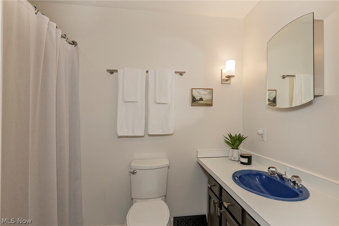 11292 Butternut Road Chardon, OH 44024 - Photo 25 of 49 Bathroom featuring a blue oval basin sink, a white countertop, and dark wood-finish cabinetry