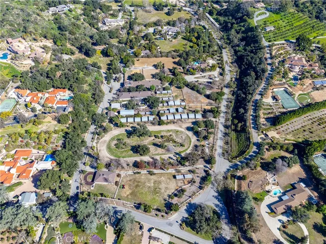 an aerial view of a residential houses with street and trees