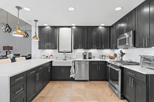 a view of a dining room with furniture