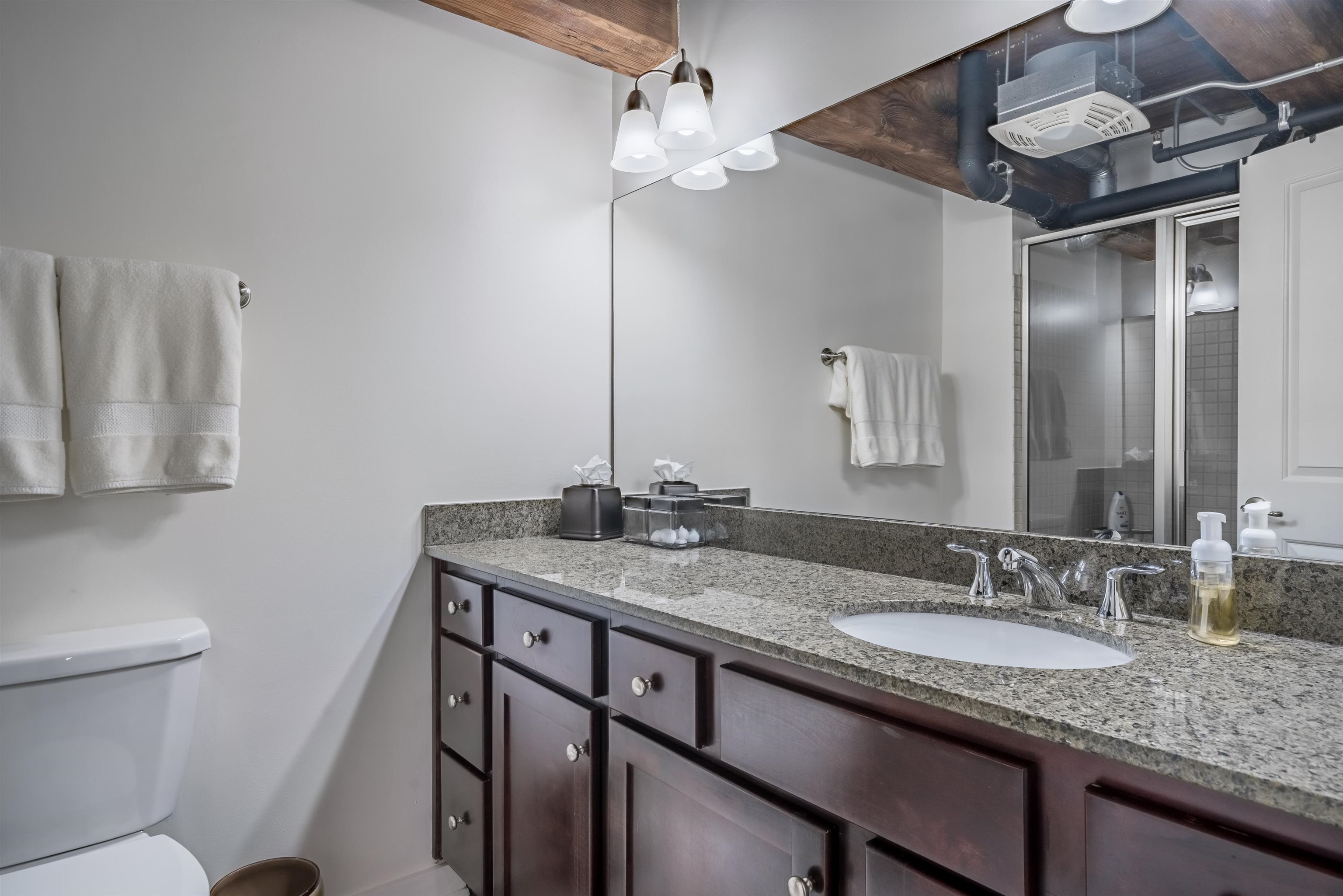 420 South Front Street, Unit 104 Memphis, TN 38103 - Photo 20 of 25 a bathroom with a granite countertop sink a toilet and mirror