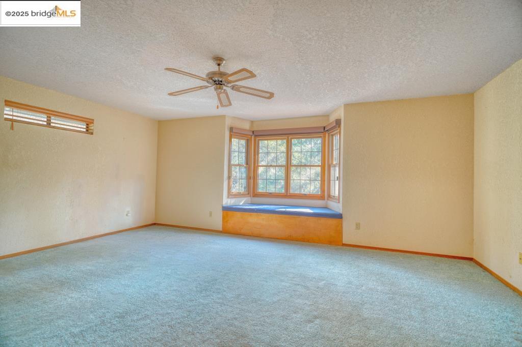 19195 Ferretti Road Groveland, CA 95321 - Photo 11 of 51 Primary bedroom featuring a textured ceiling, carpet flooring, and a ceiling fan, and window seat.